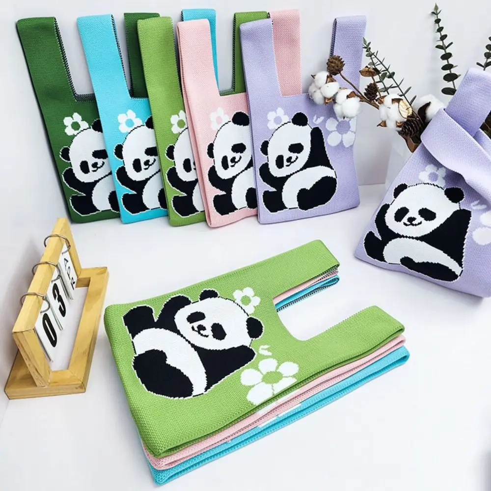 Polyester Schattige Panda Gebreide Tas Nieuwe Mini Herbruikbare Handgemaakte Gebreide Handtas Panda Bloem Vrouwen Knoop Pols Tas Vrouwen