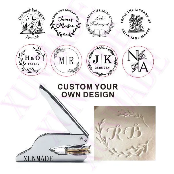 Stampi Personalized Library or Wedding Book Name Embosser Stamp | Wedding Embosser | Custom Wreath Embosser with Name | Wedding Gift | Embosser | Wedd