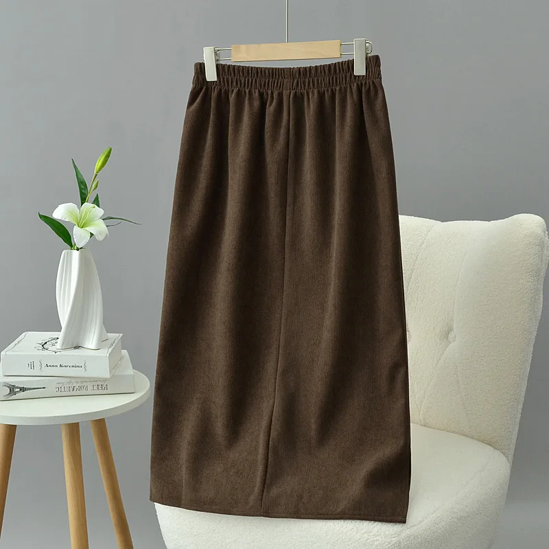Plus Size Women Skirt Autumn Loose Casual High Waist Elastic Slit Both Sides Skirt 6311