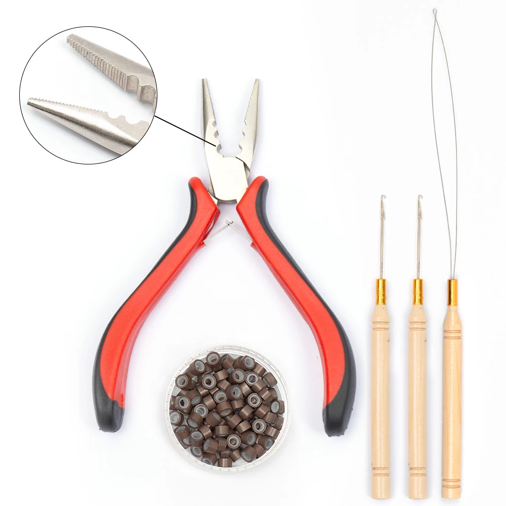 마이크로 링크 비즈 헤어 익스텐션 링, 풀링 바늘 2 개, 3 홀 플라이어 헤어 익스텐션, DIY 헤어 스타일 도구 키트 1 개, 100 개 