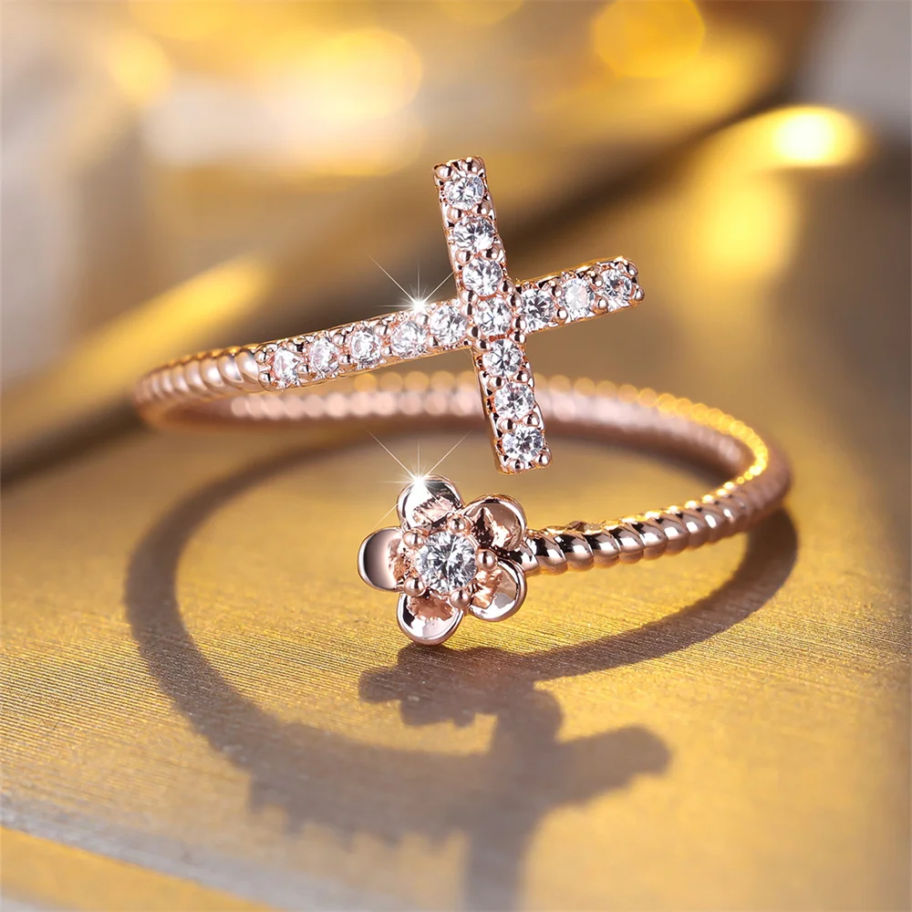 Cute Plumeria Flower White Zircon Cross Opening Ring Vintage Rose Gold Silver Color Wedding Bands Engagement Jewelry For Women
