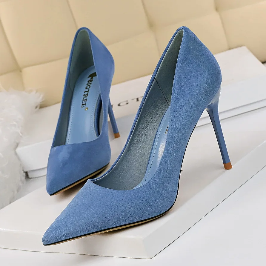 Women 9cm High Heels Pumps Stripper Flock Suede Plus Size Escarpins Lady Wedding Bridal Heels Escarpins Green Blue Yellow Shoes