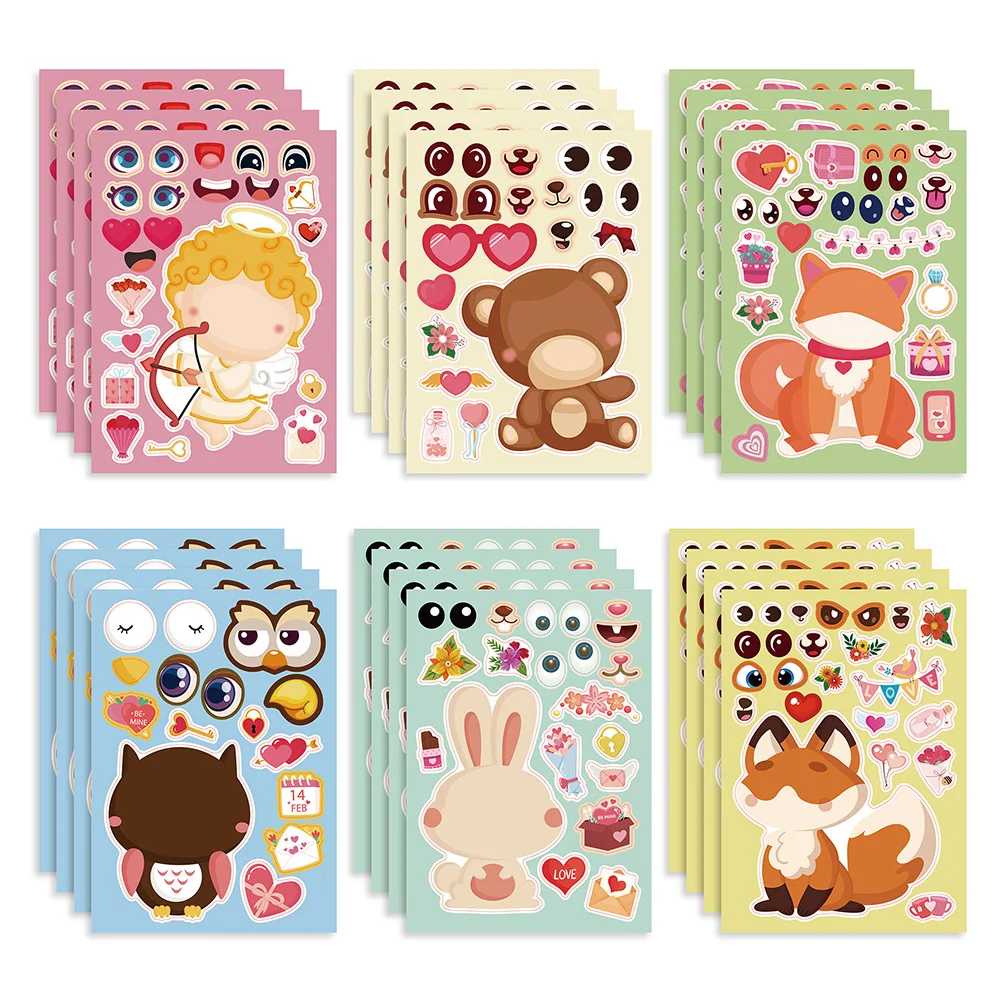 

6/12Sheets Cute Animal Love Children Puzzle Stickers Make-a-Face Funny Assemble Jigsaw DIY Cartoon Sticker Kids Educational Toys