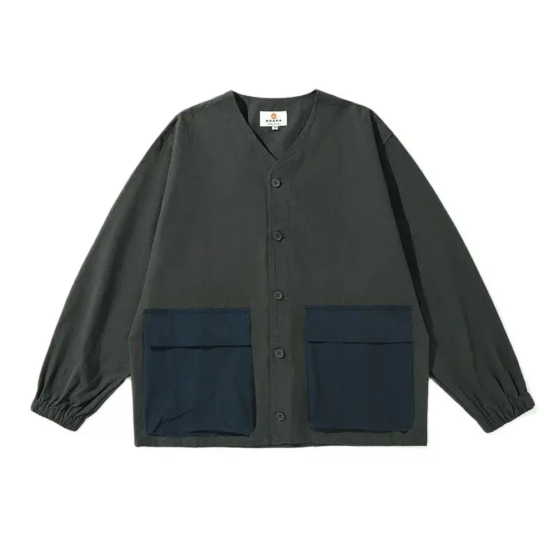 

Men Collarless Long Sleeve Loose Causal V-neck Shirt Style Jacket Japan Korean Streetwear Cityboy Fashion Vintage Cargo Coat Man