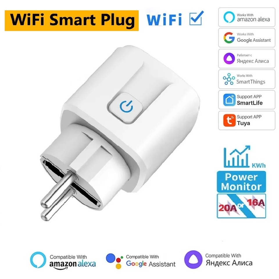 16A/20A Tuya Smart Socket Outlet EU Plug With Power Monitor Timing Voice Control Wifi Smart Plug Works With Alexa Google Home