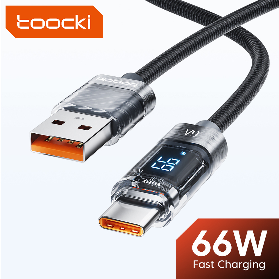  Toocki Digital Display USB A To Type C Cable 6A 66W PD Fast Charging For HUAWEI Xiaomi Macbook Samsung QC3.0 Quick Charge Cable 