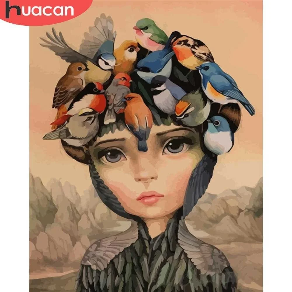Description Picture 2 of itemHUACAN Paint By Number Girl DIY Pictures By Numbers Bird Kits Hand Painted Painting Art Drawing On Canvas Gift Home Decor