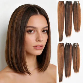 Extension per Capelli Lisci in Fibra Sintetica 10/12/14 Pollici, Ombre Biondo Marrone, Morbidi e Resistenti al Calore