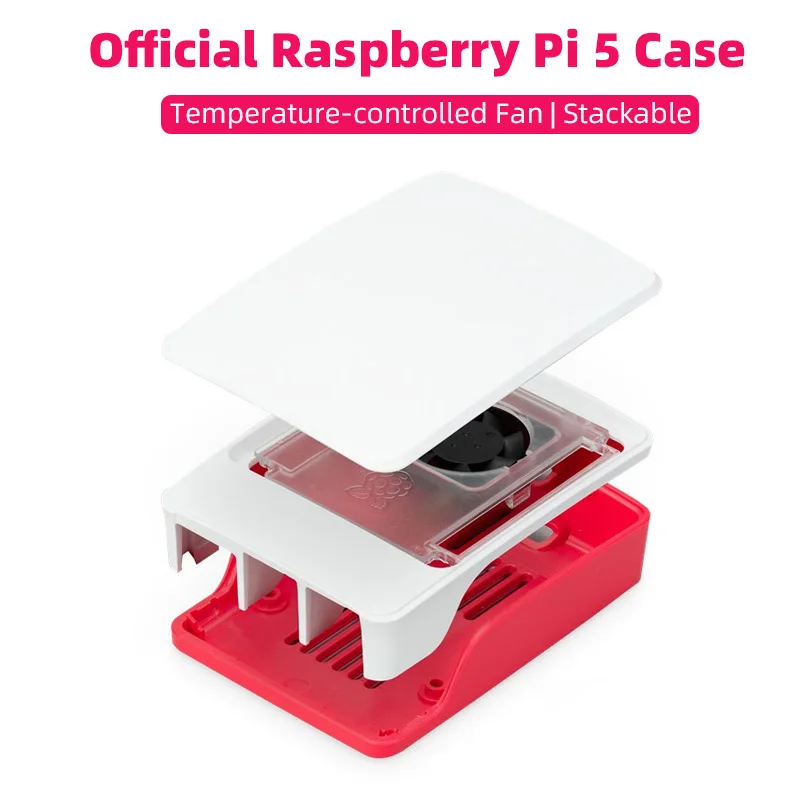 Officiële Raspberry Pi 5 Case Rood Wit Abs Shell Met Temperatuur Gecontroleerde Ventilator Ondersteuning Cluster Stapelen Voor Rpi 5 Pi5
