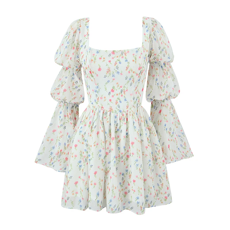 

Sexy Elegant Women Sweet Floral Print Mini Dress Long Sleeve Square Neck Female Holiday Party Dresses Summer Robe
