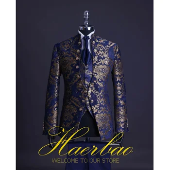 Set completo da uomo Colletto alla coreana Abiti da sposa da uomo Costume da smoking formale da sposo Bello palco con bordo floreale in oro blu