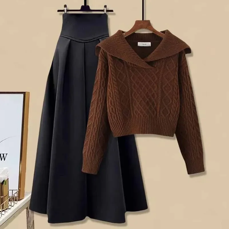 Female Fall Wear Set Women Fashion Navy Neck Twisted Knitted Sweater pullover+ High Waist  A-line Skirt Two Piece Set Fashion