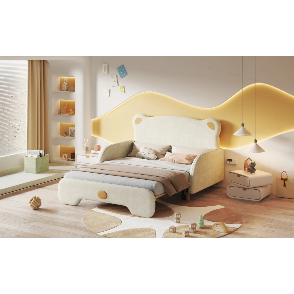 Beige Samt-Bett in Bärenform 140x105&140x200cm Gepolstertes Kinderbett Ausziehbares Tagesbett mit Weichen Schutzkanten – Detail 25