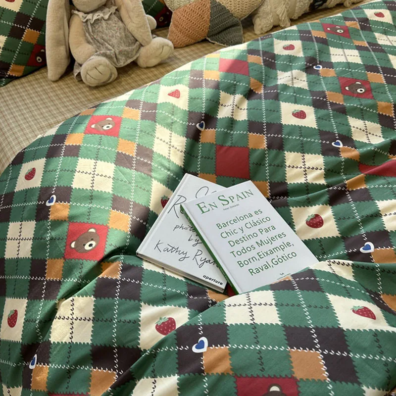 

Exquisite Ins Green Blocks 100% Cotton Bedding Set In Queen Size 4Pcs With Cover Sheet Pillows Good Present