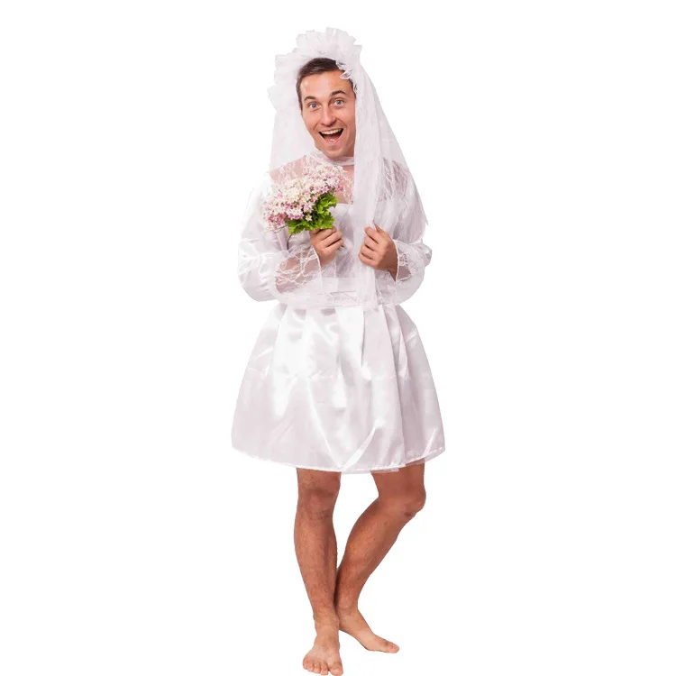 Funny Adult Men Wedding Dress Cosplay Costumes Festival Cross Dressing Ghost Bride Clothing for Halloween Party Wear