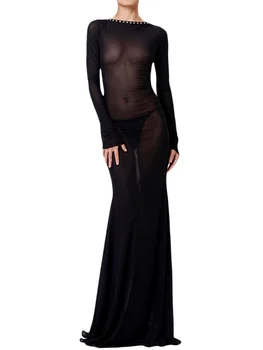 Women See Through Mesh Long Dress Long Sleeve Tie-Up Backless Bodycon Dress Evening Party Sexy Dress Beach Cover-ups 1