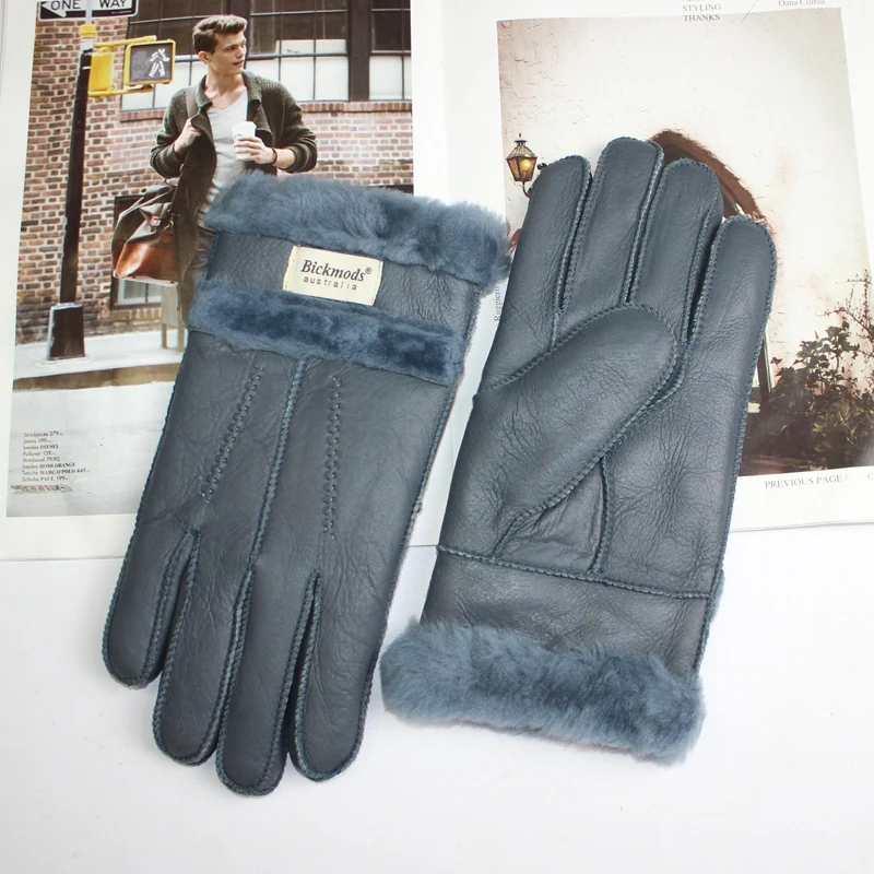 New men's sheepskin fur gloves thickened wool lining warm and cold resistant winter gloves leather