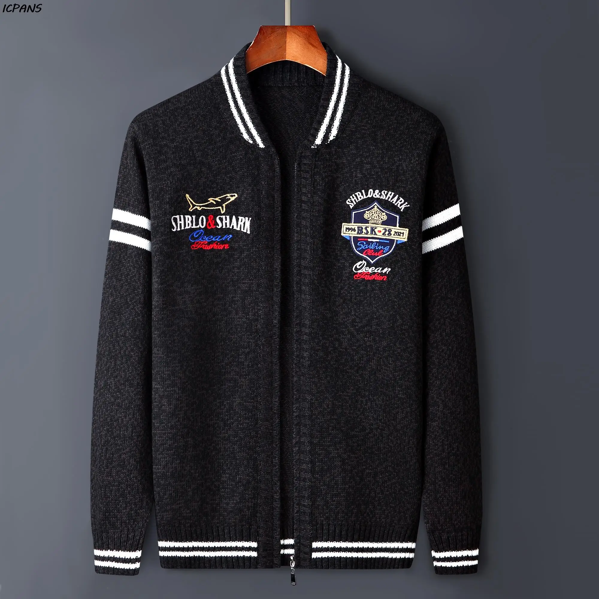 Shark Letter Vintage Zipper Male Sweater knitted Brand Clothing Striped Letter Mens Cardigan Autumn Coat Outwear Black Red