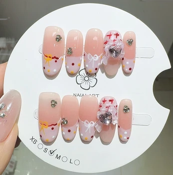 10PCS Cute Polka Dots Patterns French Fake Nail with 3D Pink Bow Heart Diamonds Handmade Press on Nail Medium Oval Wearable Tips