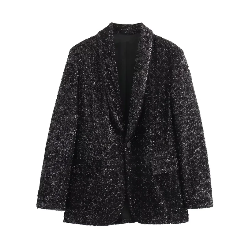 

TRAF Black Fitted Sequin Blazer Woman Fall Clothes Lapel Long Sleeves Shinny Coats Front Flap Pockets Buttoned Slim Jackets Girl