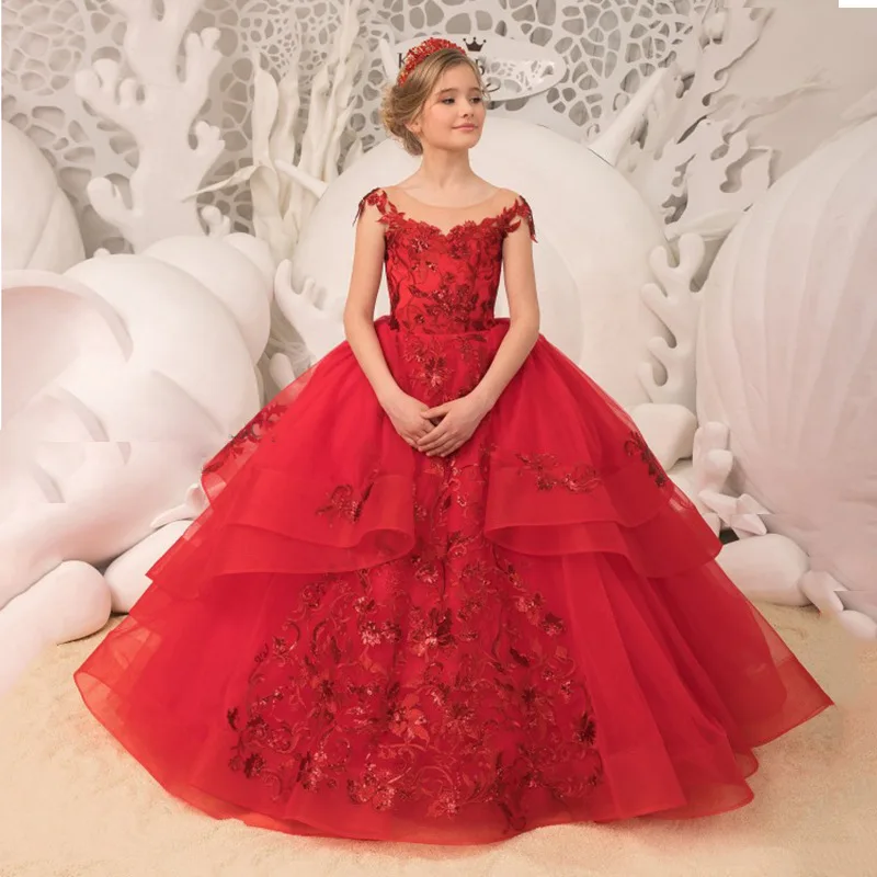 

NEW children's red dress lace sleeveless birthday host piano performance girls tutu skirt long