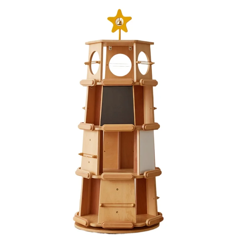 Children's rotating bookshelf 360-degree bookcase Solid wood picture book floor storage display cabinet