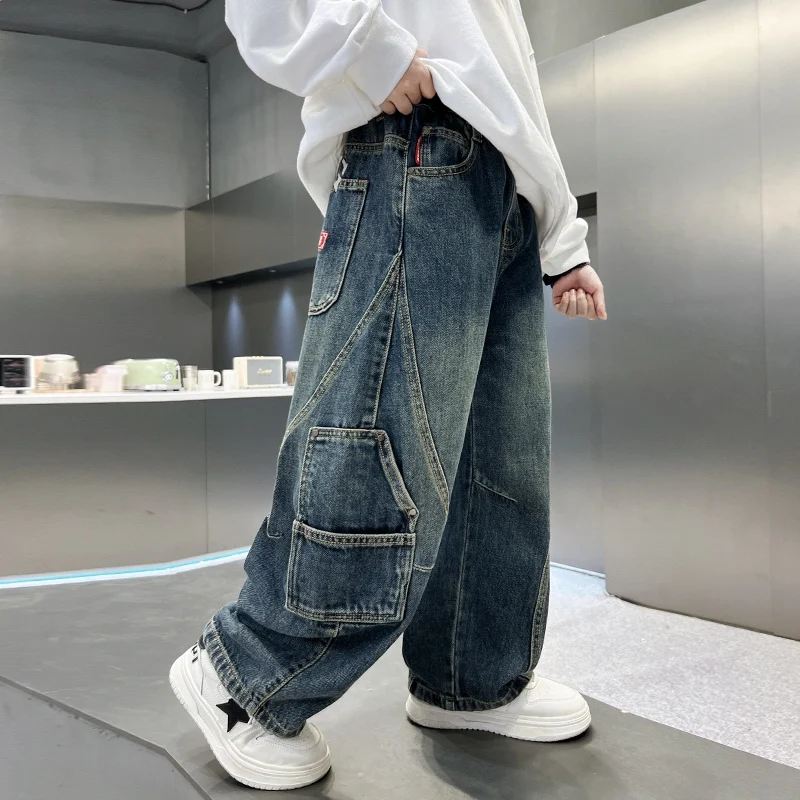 Cool Loose Casual Jeans for Boys Straight Leg Wide Leg Spring Autumn Middle Large Children's Jeans Fashionable And Durable - 3