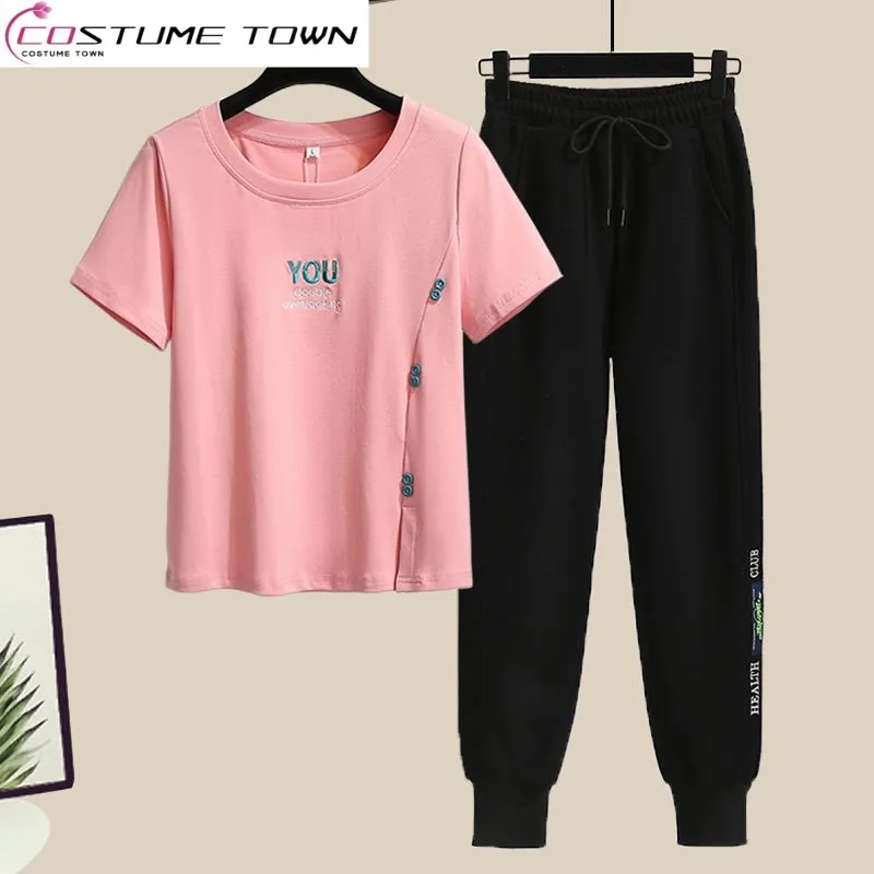 Spring and Summer Sports Women's Suit 2023 New Korean Version Round Neck Short Sleeve T-shirt Loose Casual Pants Two-piece Set