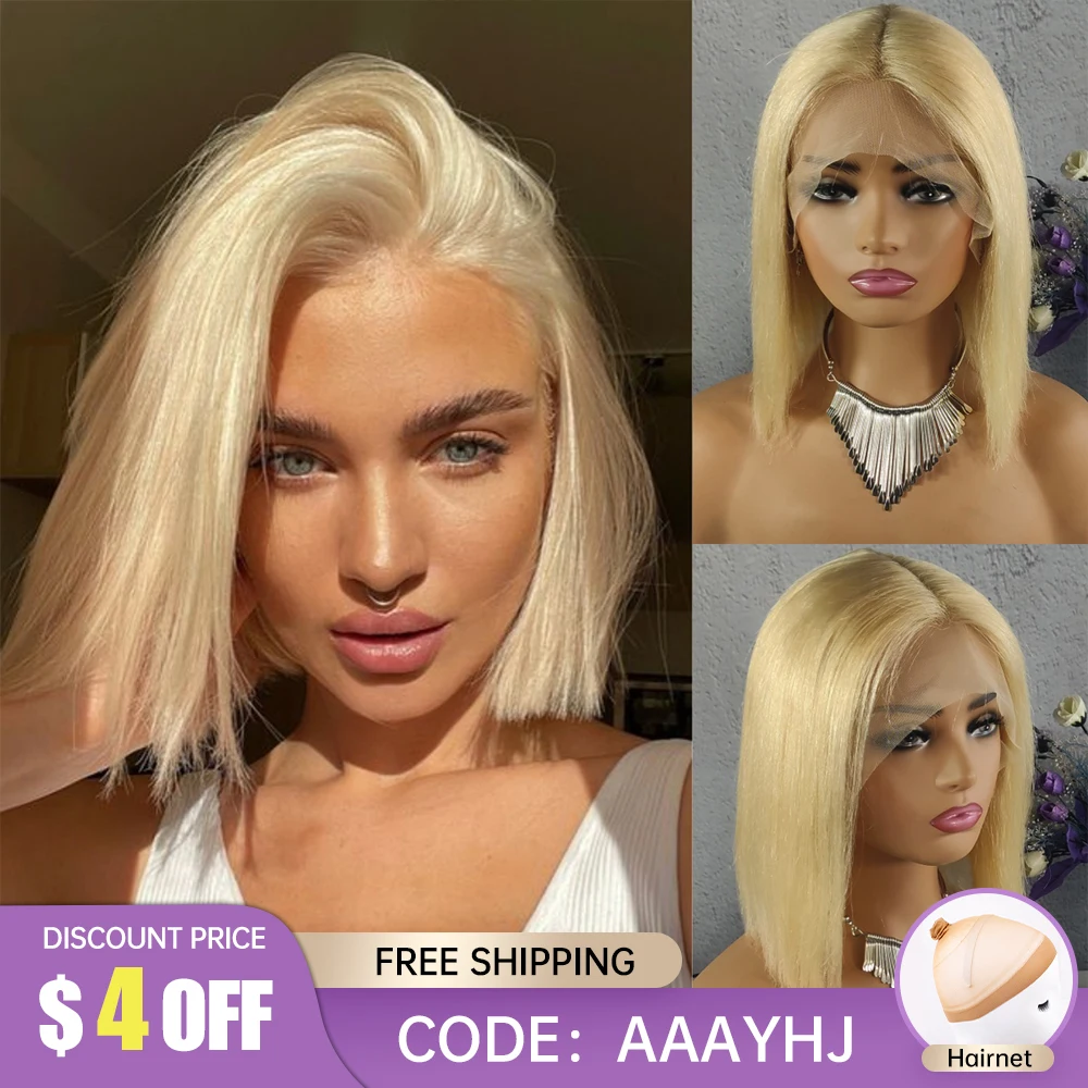 

100% Remy Human Hair Wigs Short Straight Blone Wigs for Women T Part HD Glueless Lace Frontal Bobo Golden Human Hair for Daily