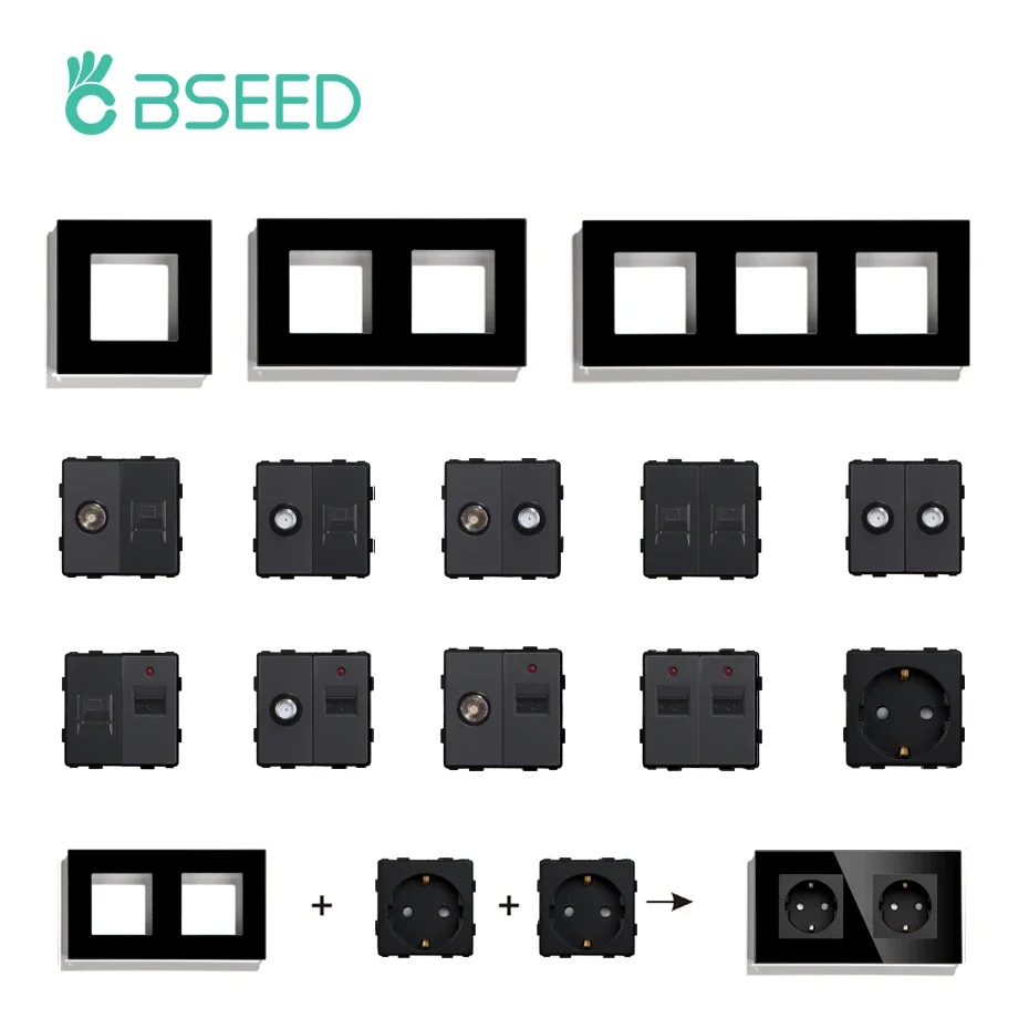 Bseed Eu Standard Usb Type-C Socket Parts Interruttore A Pulsante Internet Tv Hdmi Satellite Con Cornice In Vetro Nero Parti Di Funzione Fai Da Te