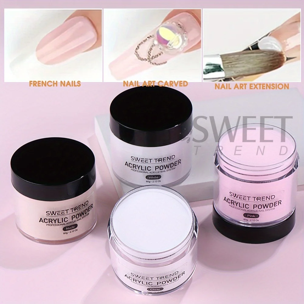 4pcs 60g Professional Acrylic Nail Powder Set White/Clear/ Nude/ Pink Ultra Fine Extension Acrylic Carving French Nail Tools Kit