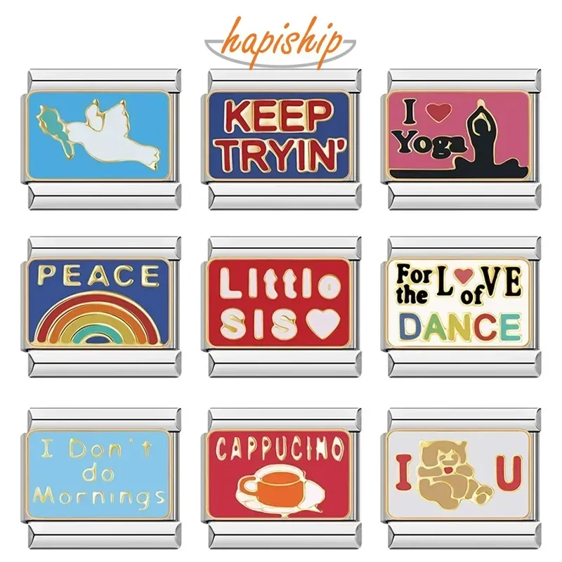 Fashions Colors Peace Keep Tryin Cappucino Charm Links Fit 9mm Bracelet Stainless Steel Making DIY Jewelry DJ732-A italian charm bracelet stainless steel bracelet