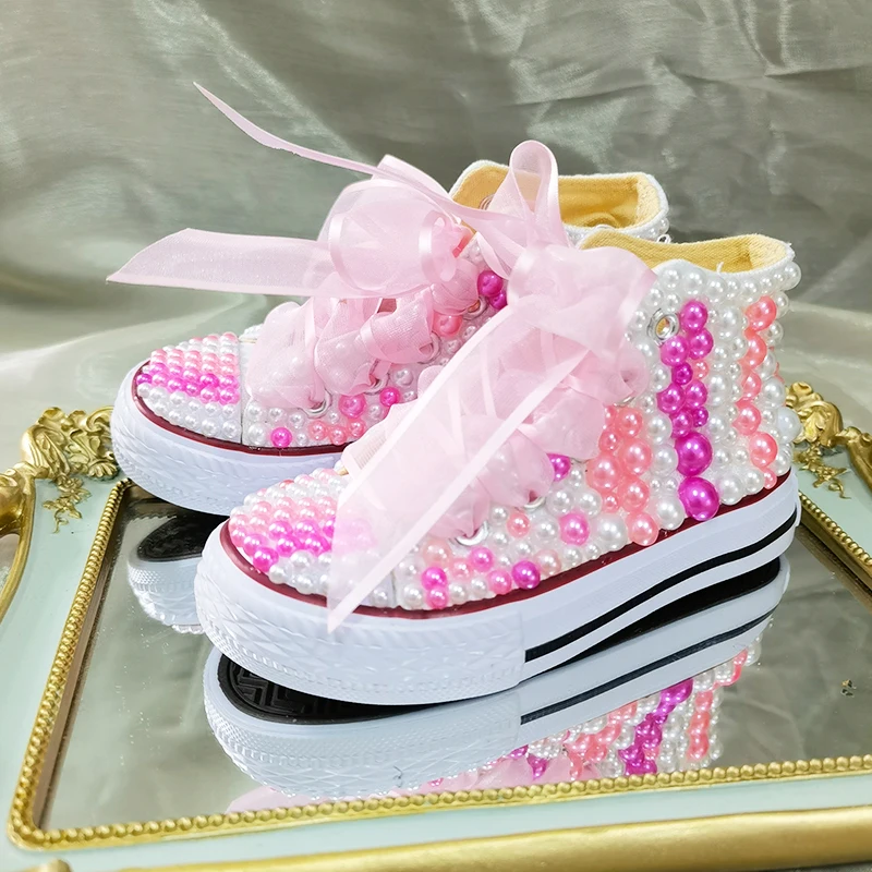 

Rainbow Pearls Sneakers Birthday Party Kids Canvas Shoes Crown DIY For Girl Communion Customized Shoes Dollbling Handmade Bling