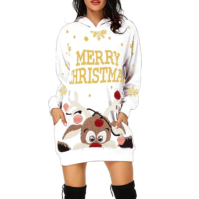 Women's Pockets Hoodies S-5XL New Years Long Sleeve Deers Printed Pullovers Merry Chritmas Autumn Winter Red Casual Sweatshirts