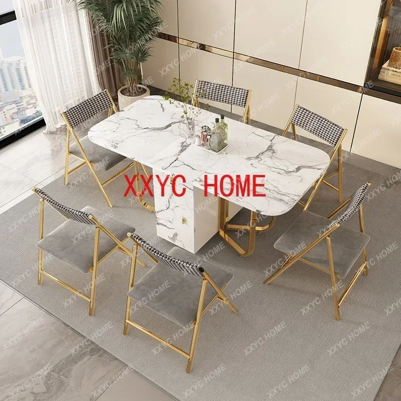 Movable Folding Dining Table with Storage Rack and 2 Drawers Extendable Versatile Kitchen Table and Metal Folding Dining Chairs