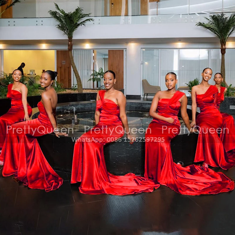 One Shoulder Bridesmaid Dresses Mermaid Long Sweep Train Sheath Sleeveless Women Burnt Party Dress Maid Of Honor