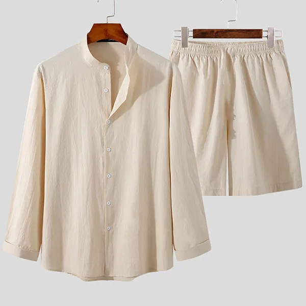 2023 Spring and Summer Simple Sleeve Sleeve and Shorts Set Loose Cotton Mainer Men's Multinar -colored Two Pieces