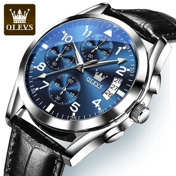OLEVS Leather Strap Men's Watch Three Small Dials Multifunctional Date Waterproof Business Fashion Quartz Watch for Men Original