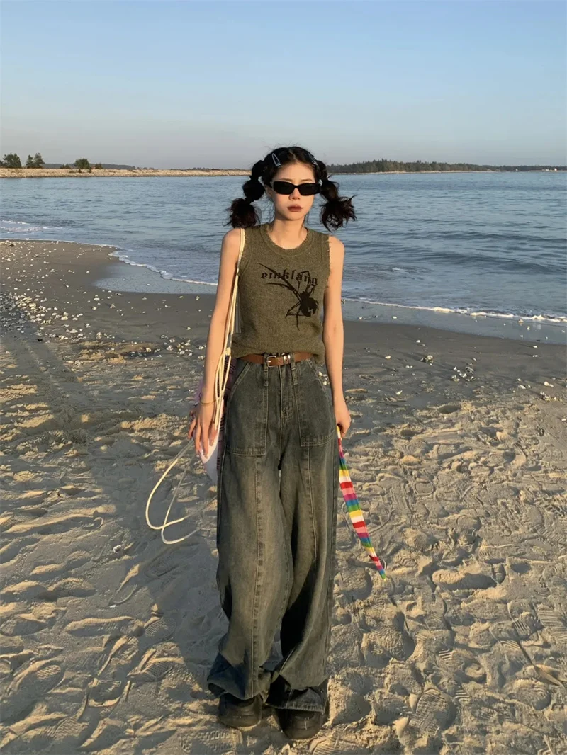 American Style High Street Retro High Waisted Jean Female Niche Slimming Loose Fitting Wide Leg Straight Leg Dad Long Pants Fash
