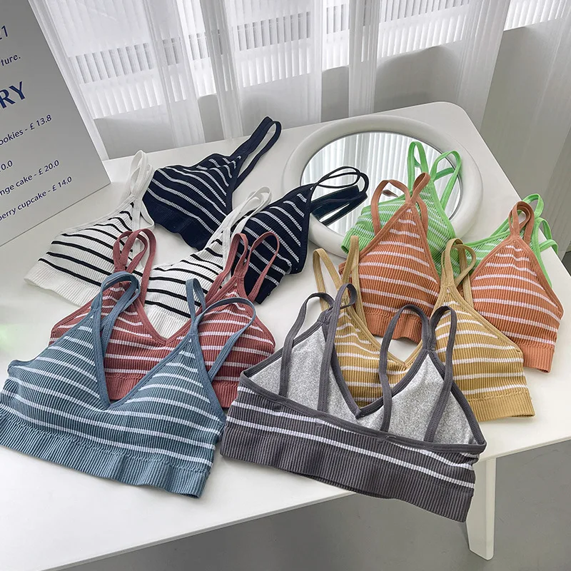 

Striped Seamless Triangle Cup Sports Bra For Women Sexy Yoga Tube Top Double Sling V-neck Wrap Chest Fitness Vest Underwear