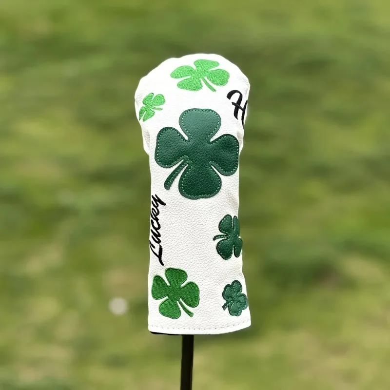 Elegant White Clover Golf Club Head Covers - Durable with Green Four-Leaf Design