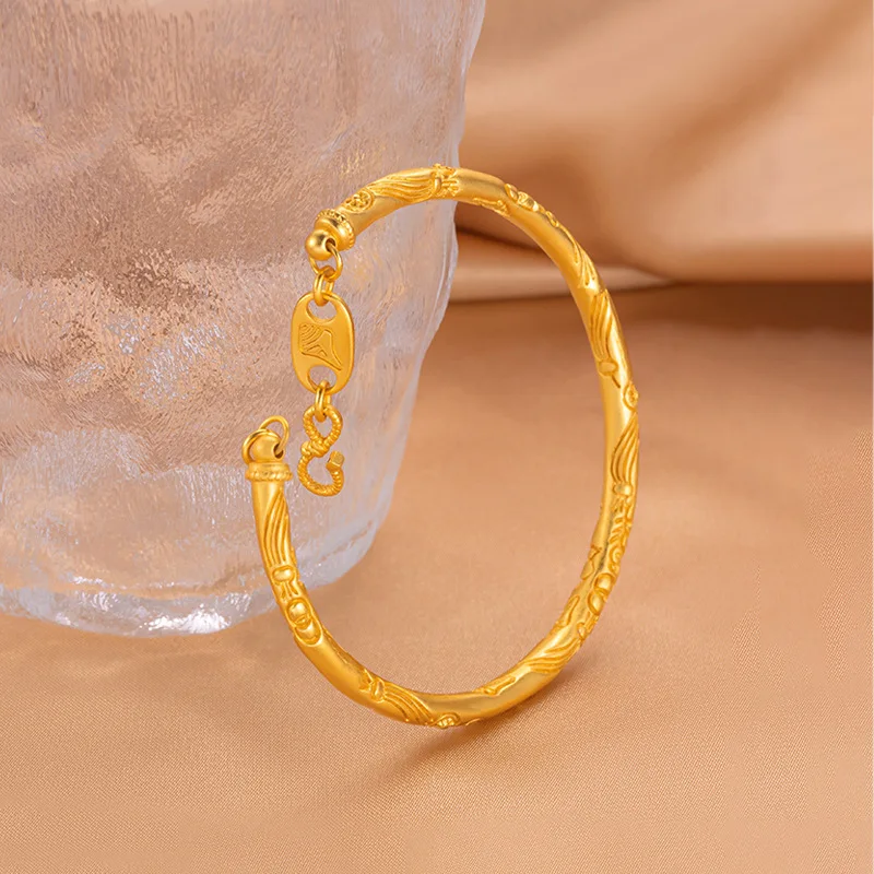 

Elegant Patterned Round Stick 24k Gold Color Bracelet Bangle for Women Fashion Atmosphere Wedding Engagement Bangle Jewlery Gift