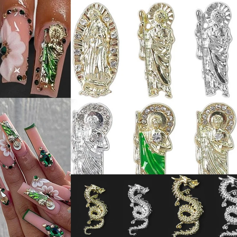 

10pcs 2023 New Nail Diamond Decoration Chinese 3D Painted Buddha Statues Nail Charm Alloy Zodiac Dragon Manicure Accessories