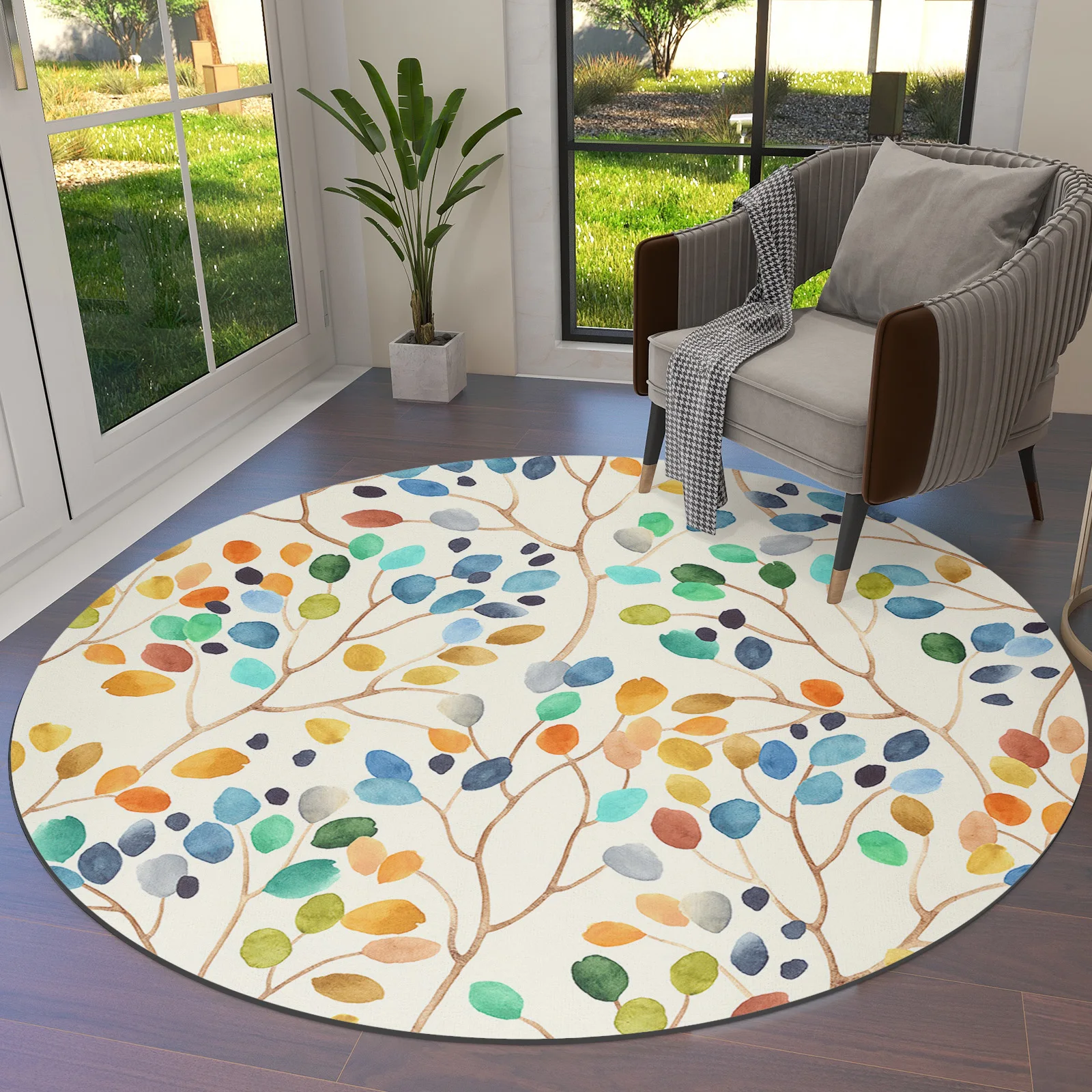 

Abstract Watercolor Leaves Spotted Branches Round Area Rug Carpets for Living Room Large Mat Home Bedroom Kid Room Decoration