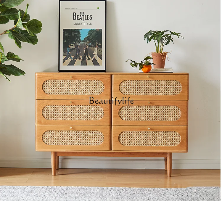 

Nordic Solid Wood Rattan Chest of Six Drawers Bedroom Drawer-Style Storage Locker