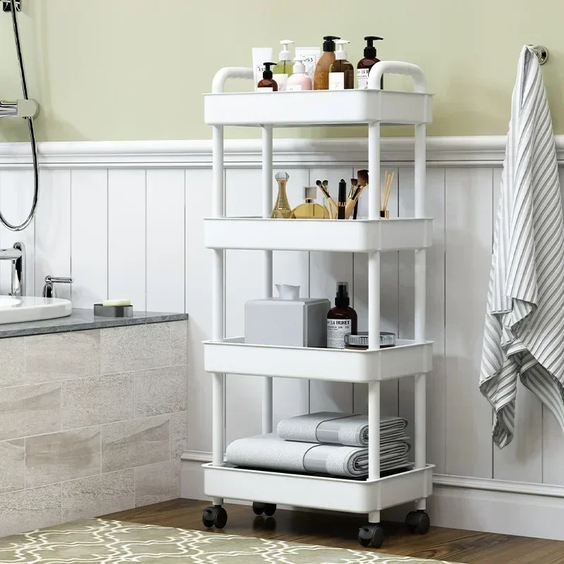 Plastic Trolley Storage Rack Floor Standing Kitchen Bathroom Multi-layer Snack Storage Rack Movable Clip on Rack