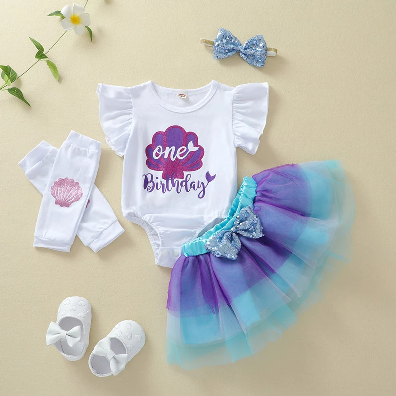 baby clothes set gift Baby Girls My First Birthday Outfits, Letter Shell Print Fly Sleeve Romper +Sequin Tutu Skirt +Headband + Leg Warmers Set, 6-24M Baby Clothing Set cheap