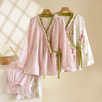 2026 New Spring and Autumn Women's Kimono Set 100% Cotton Gauze Chinese style Cardigan Long Sleeve Loose Simple Pajama Set - Image 3
