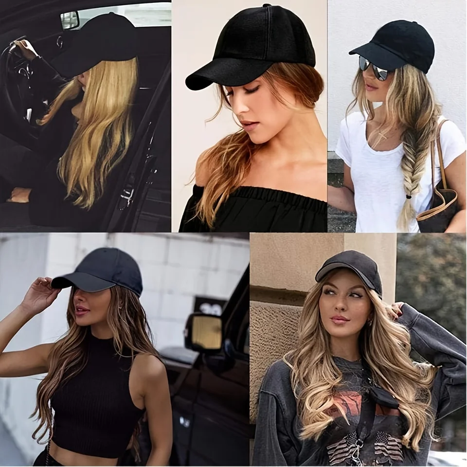 LUPU Synthetic long Curly Wavy Hair Extensions Baseball Wig Black Hat Wigs Cap With Hair Connect Cap Adjustable For Women Girls