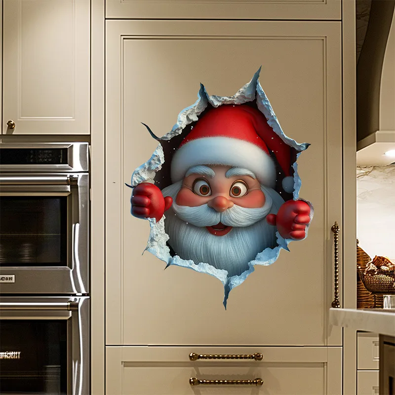 3D Christmas Sticker Cartoon Santa Claus Decal Sticker Creative Broken Wall Santa Claus Wall Stickers Home Decoration Stickers